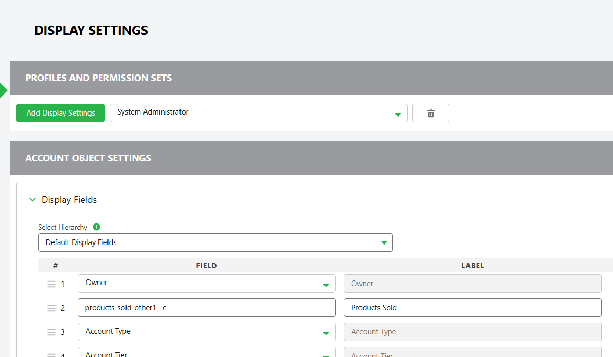 Configure Account and Child Object Display Fields Per Hierarchy Definition